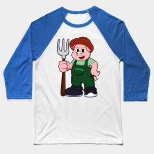 Pig at Farmer with Rake Baseball T-Shirt